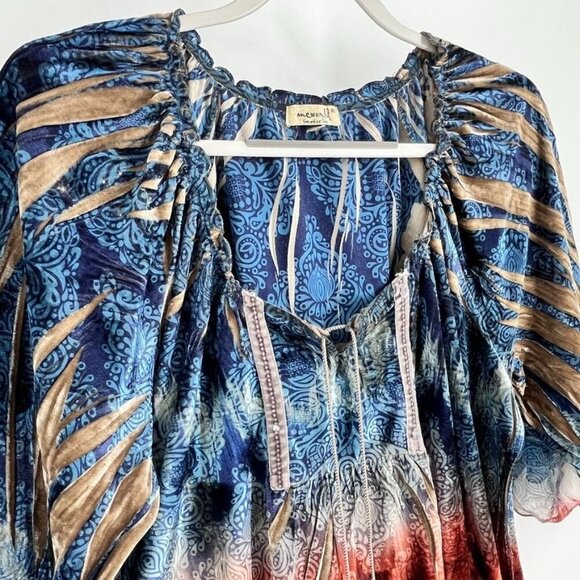 Oneworld Burnout Velvet Tunic Top Size XL Half Sleeve Tie Front - Picture 4 of 15